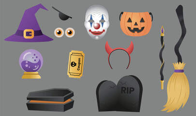 Halloween Vector Set with Witch Hat, Clown Mask, Pumpkin Bucket, Devil Horns, Coffin, Gravestone, Broom, Crystal Ball, Coupon Ticket, and Eyeballs