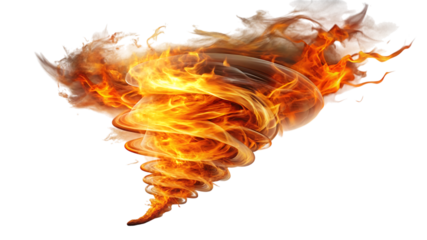 Fiery tornado isolated on transparent background, a swirling vortex of intense heat