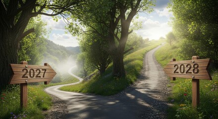 Crossroads Ahead with Year Signage - A diverging path with wooden signs indicating 2027 and 2028 offers a visual metaphor for choices and future decisions in a lush, green landscape.