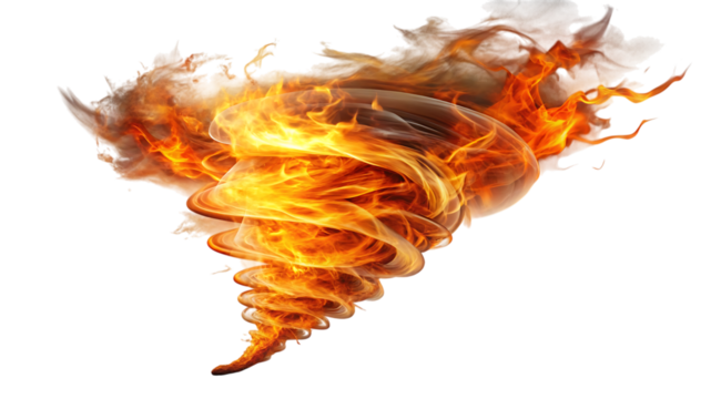 Fiery tornado isolated on transparent background, a swirling vortex of intense heat