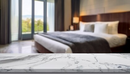 empty marble stone table in front of blurred bedroom interior background can be used mock up for montage products display or design layout