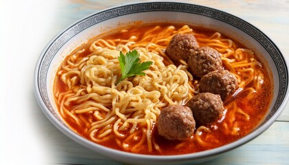 instant noodles with pork and meatballs in spicy soup