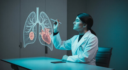 A female doctor's hand touches a digital screen displaying a medical X-ray in a hospital clinic, blending technology with the future of healthcare.