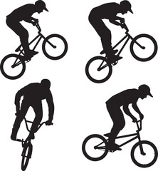 Fototapeta premium Black silhouettes of cyclists performing tricks action