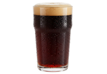 Isolated pint of dark beer with foamy head and water droplets on the glass surface