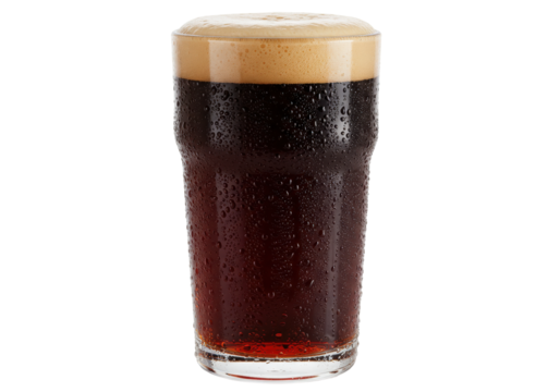Isolated pint of dark beer with foamy head and water droplets on the glass surface