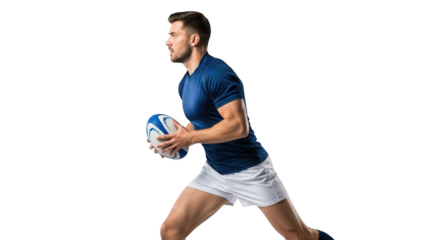 Determined rugby player running with ball in action isolated on transparent background