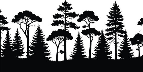 Forest silhouette, coniferous trees, deciduous canopy, nature texture, black illustration, landscape depth, organic design, wilderness art, calm scene, biodiversity pattern