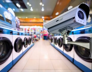 cctv or surveillance operating in row of washing machine of laundry business in the public store blur background