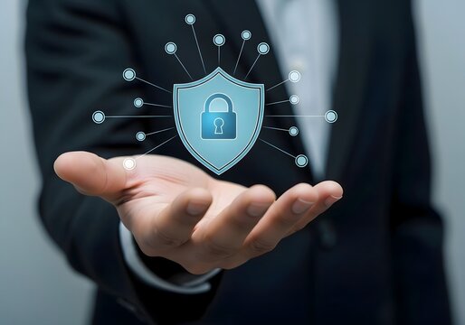 Man in suit holding a shield icon with a padlock inside and connected nodes in his outstretched hand
