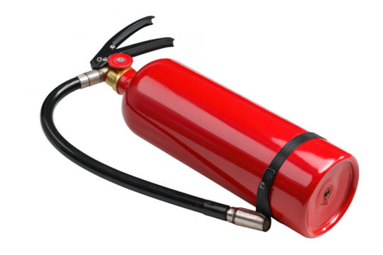 Red fire extinguisher with black hose and nozzle isolated on transparent background