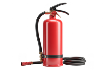 Red fire extinguisher with black hose and nozzle on a transparent background