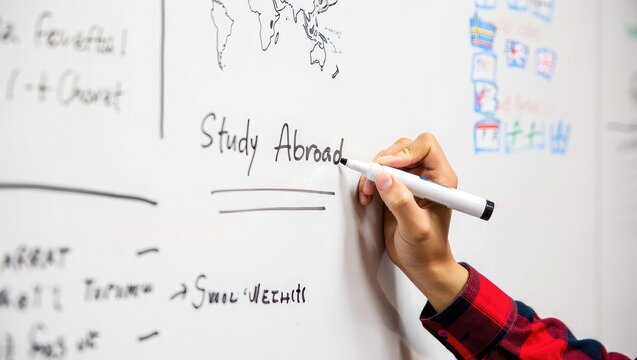 Person writing study abroad on whiteboard with marker