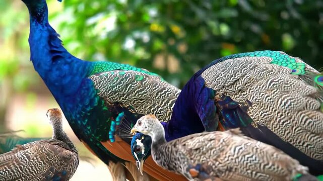 Group of peacocks and peachicks in a natural outdoor setting.