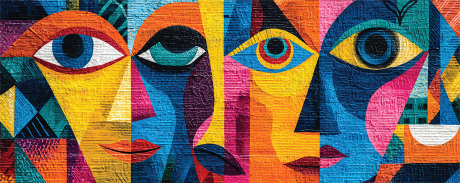 Colorful Abstract Cubist Portrait Faces Graphic Design Art Concept Artistic Representation Multiple Unique Individuals Depicted Painting Style