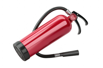 Red fire extinguisher isolated on a transparent background with hose and nozzle