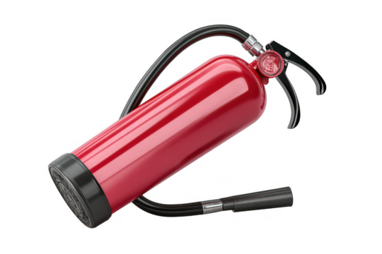 Red fire extinguisher isolated on a transparent background with hose and nozzle
