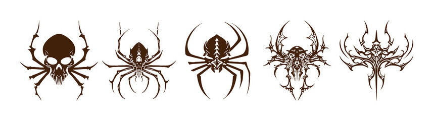 Set of vector spider tattoo designs with gothic and tribal style, skull inspired arachnid illustrations for horror, Halloween, fantasy art, dark decor and graphic elements