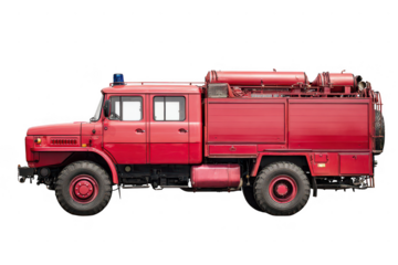 Red fire truck with ladder and equipment on transparent background