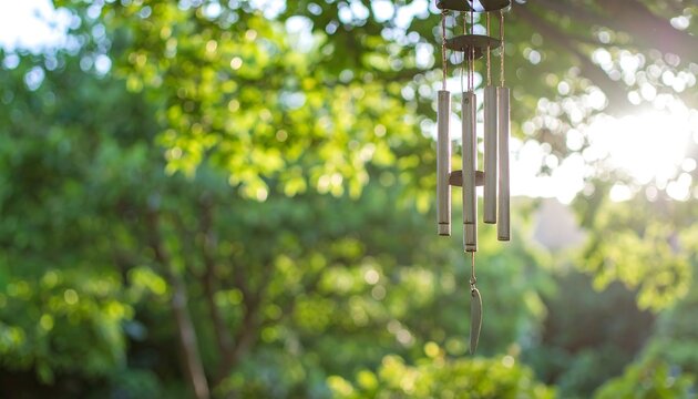 Wind chimes in a lush garden
