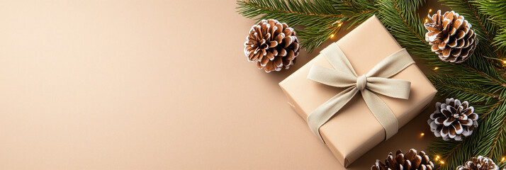 Christmas gift wrapped in beige paper with pine branches on a soft background with copy space, top view