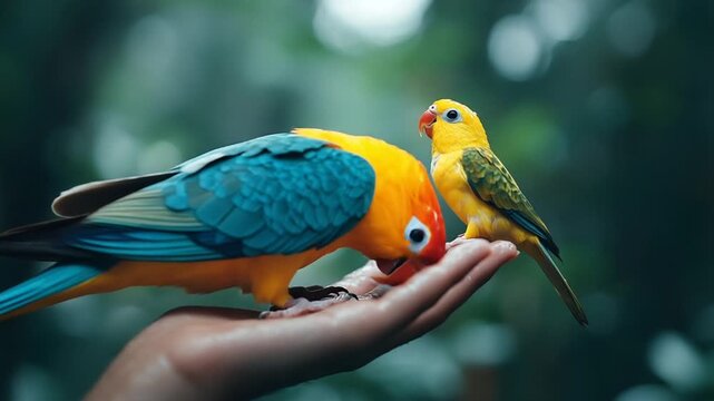 Two Colorful Parrots Perched on a Human Hand in a Lush Green Environment.