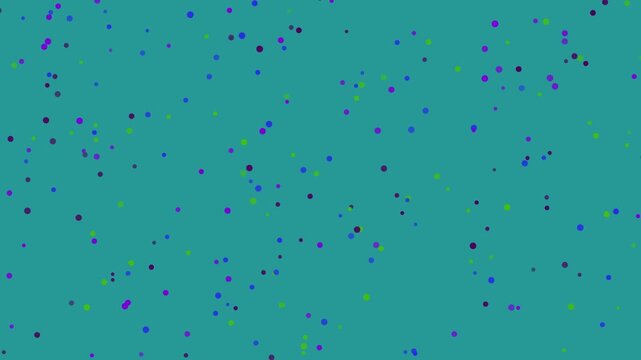 A teal background with scattered purple blue and green shapes creating a random pattern design