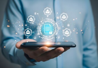 Person holding a smartphone with a digital document and user icons floating above the device screen