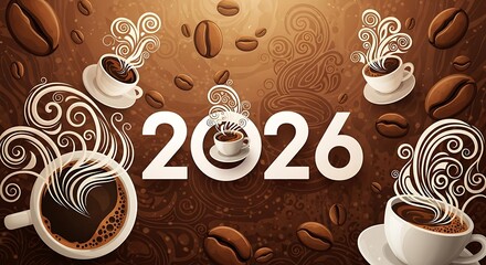 Happy new year 2026 coffee celebration with steaming cups and beans art