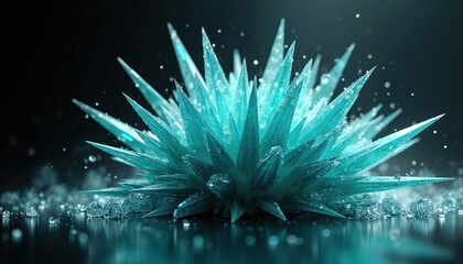 Abstract crystal explosion in teal color against dark background. Modern digital art with sharp jagged shards and reflections. Perfect for futuristic designs science visuals.