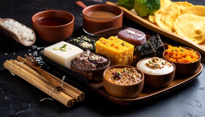 Delicious Japanese Food Platter with Various Appetizers and Dips.