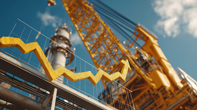 Industrial Progress: An eye-level shot showcases an active construction site dominated by a large crane, juxtaposed with an optimistic, rising yellow line graph.