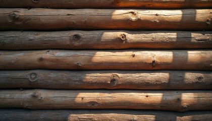 Obraz premium Horizontal photo of stacked wooden logs. Rustic timber texture provides background. Natural wood structure with rough surface details. Brown material with knots in log house.