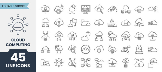 Cloud computing line icons set with editable stroke. Containing Cloud technology, data center, connection network, digital service, database, download, upload and more. Vector illustration