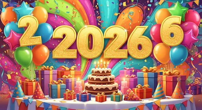 Vibrant new year 2026 celebration with balloons presents and cake for festive greetings