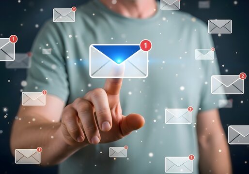 Person touching email icon with many other email icons floating around on a dark background