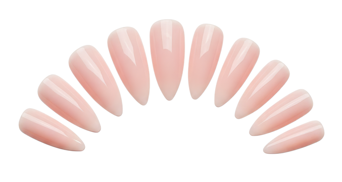 Elegant almond-shaped artificial nails in a soft, natural pink, perfect for beauty, fashion, and cosmetic projects, ideal for advertising and lifestyle content