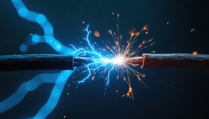 Bright blue electricity sparks arc between two frayed power wires. Dynamic electrical discharge creates brilliant light, intense energy flow. Abstract tech concept shows current connection, power,