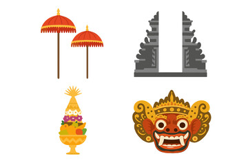 Set of vector Balinese cultural icons. Indonesian tradition symbols. Candi Bentar gate, Barong mask, Tedung umbrella, Gebogan offering. Hindu travel tourism illustration.