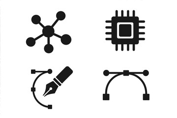Technology and graphic design vector icon set. Collection of simple glyphs for network connection, CPU microchip processor, digital art pen tool, and bezier curve path.
