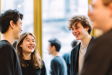 Friends smiling and laughing together in a modern cafe setting during the afternoon