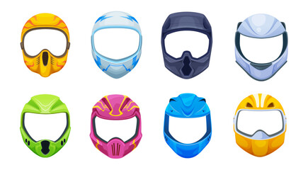 Vector set of photo masks in the shape of children’s racing helmets, perfect for kids’ parties, photo booth props, sport themes, game design, and creative decorations.