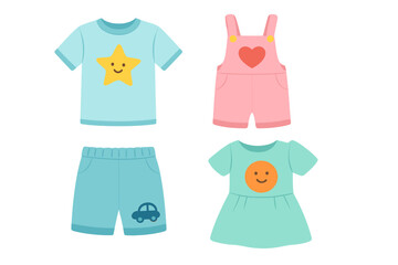 Children's clothing collection. Cute cartoon baby and kids clothes set. Isolated vector of fashion apparel: t-shirt, dress, shorts, romper. For newborn, toddler, boy, girl.