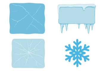Frozen winter icons collection. Isolated vector set of cartoon ice cubes with cracked texture, dripping icicles, and a blue snowflake symbol. Cold season graphic elements.
