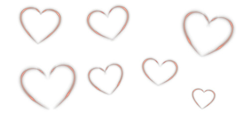Red glowing neon hearts with sparkle light effect on transparent background. Romantic luminous symbols for Valentine’s Day, wedding invitations, party decorations, and holiday celebration banners.
