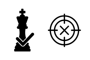 Vector icon set of checkmate and target. Chess king with check mark for success, win, and strategy. Missed goal and failure concept with crosshair and x mark. Business icons.