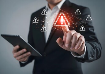 A businessman touches a red warning sign while holding a tablet with other warning signs around it