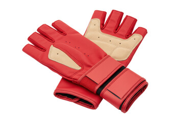 Isolated red leather gloves for sports and working with beige palms, short finger design