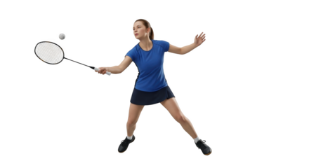 Focused young woman playing badminton mid swing action isolated on transparent background
