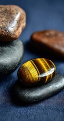Stacked smooth stones with tiger's eye gemstone.